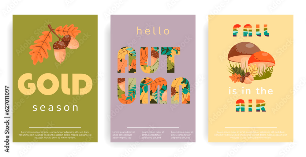 Set of autumn backgrounds and covers. Illustration with autumn fallen leaves, colorful mushrooms, acorns on a branch with oak leaves. Vector templates for cards, posters, flyers, covers and more.