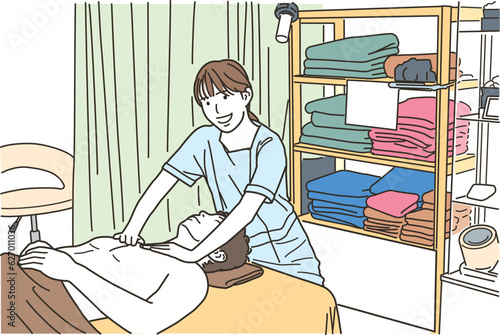 男性に施術をする若いエスティシャンの女性
