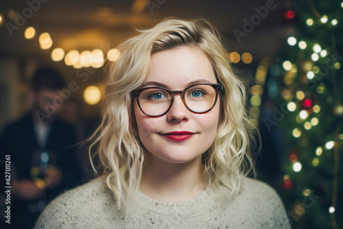 Blonde woman with glasses at a Christmas party with decorated tree in the background.