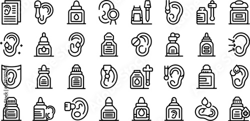 Ear drops icons set outline vector. Doctor bottle. Medicine drops