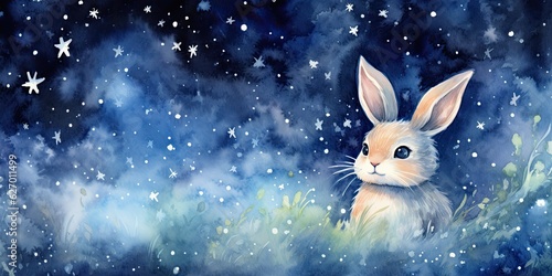 Twinkling Stars and Watercolor Bunny - Night Sky Wonders - Celestial Dreams - Starry Night Generative AI Digital Illustration