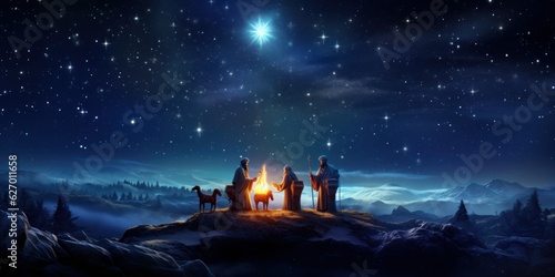 Foto Three Kings and the guiding star against a backdrop of a clear and breathtaking night sky