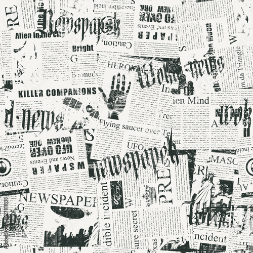 Abstract seamless pattern with chaotic layering of newspaper text, illustrations, headlines on a light backdrop. Creative vector background in grunge style. Wallpaper, wrapping paper or fabric design
