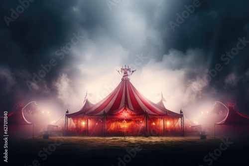 Circus tent with illuminations lights at night. Cirque facade. Festive attraction photo