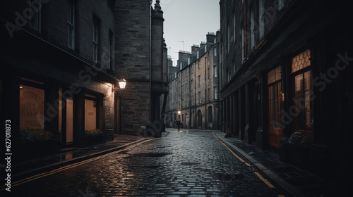 Concept of a scottish street at evening, generated with AI