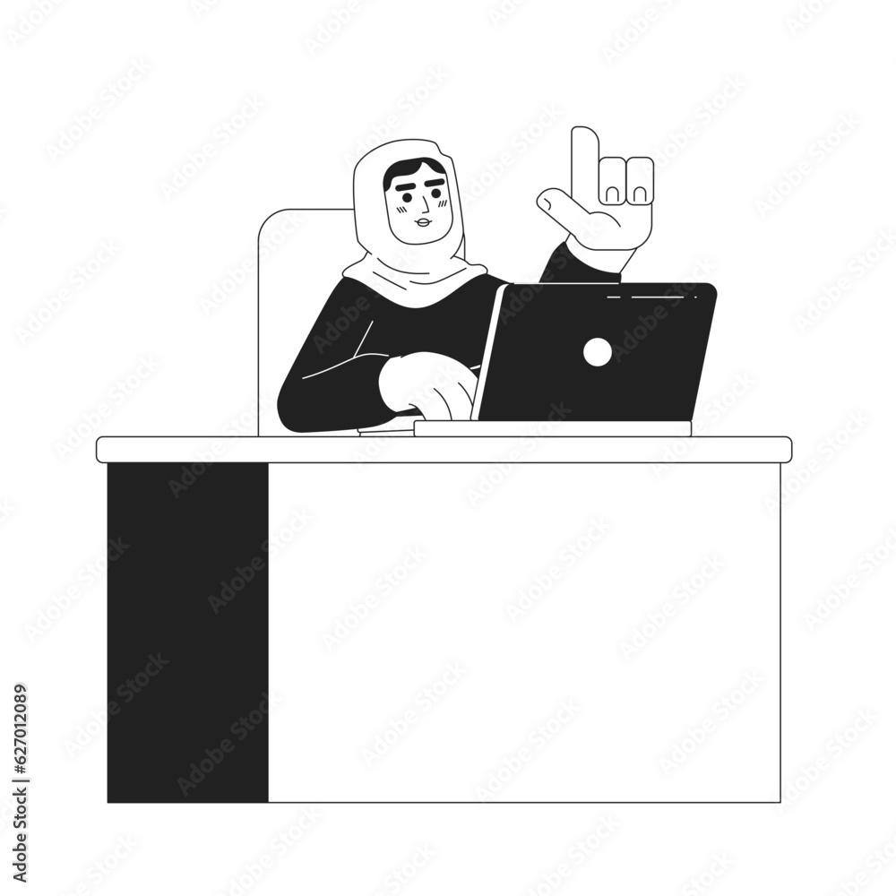 Muslim woman in hijab working on computer 2D vector monochrome isolated spot illustration. Talking flat hand drawn character on white background. Busy person editable outline cartoon scene Muslim woman in hijab working on computer 2D vector monochrome isolated spot illustration. Talking flat hand drawn character on white background. Busy person editable outline cartoon scene