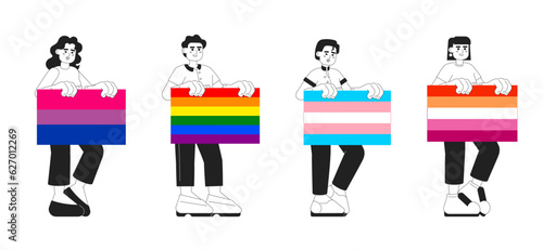 Happy people holds lgbt pride flags monochrome concept vector spot illustrations pack. Equal rights for lovers 2D bw cartoon characters for web UI design. Diversity isolated editable hero images set