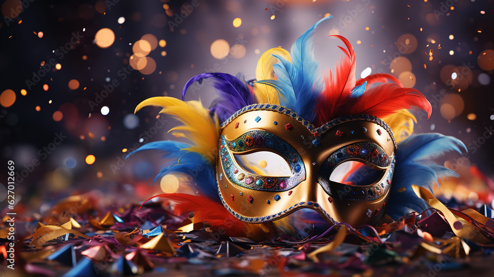 Carnival mask on birthday party background with confetti and air balloons. Generative Ai
