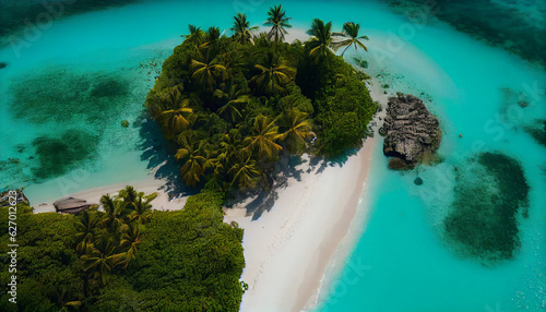 An idyllic drone view of a tropical island  surrounded by crystal-clear turquoise waters  white sandy beaches stretching along the coastline  Created using generative AI tools