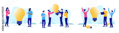 Business ideas vector collection - Set illustrations with people brainstorming and working with idea lightbulbs in teams. Flat design with white background