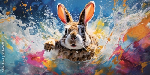 Fearless Dive into Colorful Waters - Daring Bunny Adventure - Colorful Pool   Generative AI Digital Illustration © Cool Patterns