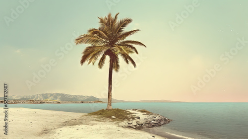 Palm tree on the sand of the beach. Vacation scene with palm on the shore line. Generative AI. © swillklitch