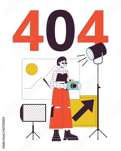 Photo studio error 404 flash message. Asian woman photographer freelance work. Empty state ui design. Page not found popup cartoon image. Vector flat illustration concept on white background