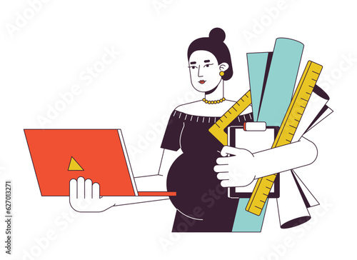 Woman with laptop, rulers, drawings flat line concept vector spot illustration. Pregnant architect 2D cartoon outline character on white for web UI design. Editable isolated color hero image