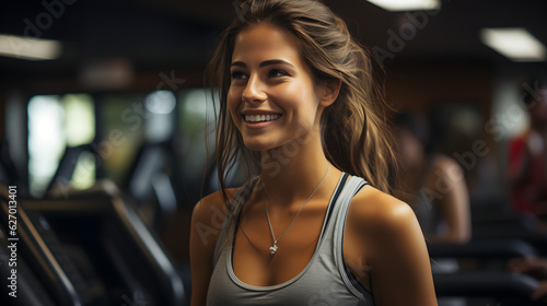 Smiling Woman thumbs up, fitness background Generative AI © kitti