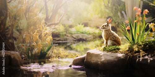  Zen-like Garden Meditation - Watercolor Bunny's Serenity - Tranquil Oasis - Peaceful Reflection Generative AI Digital Illustration