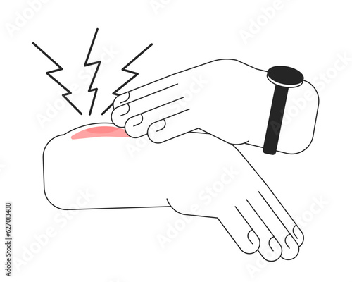 Hand touching painful injury flat monochrome isolated vector object. Trauma with bruise. Editable black and white line art drawing. Simple outline spot illustration for web graphic design