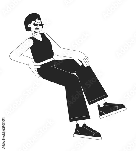 Unhappy woman sitting flat line black white vector character. Editable outline full body girl in sunglasses touch back, knee. Traumas simple cartoon isolated spot illustration for web graphic design