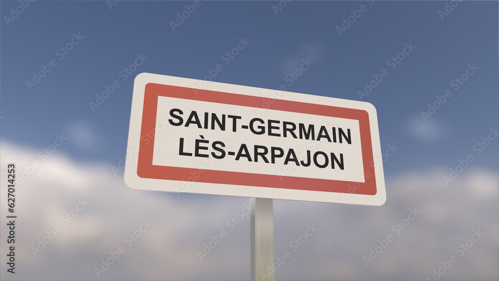 A sign at Saint-Germain-lès-Arpajon town entrance, sign of the city of Saint Germain lès Arpajon. Entrance to the municipality.