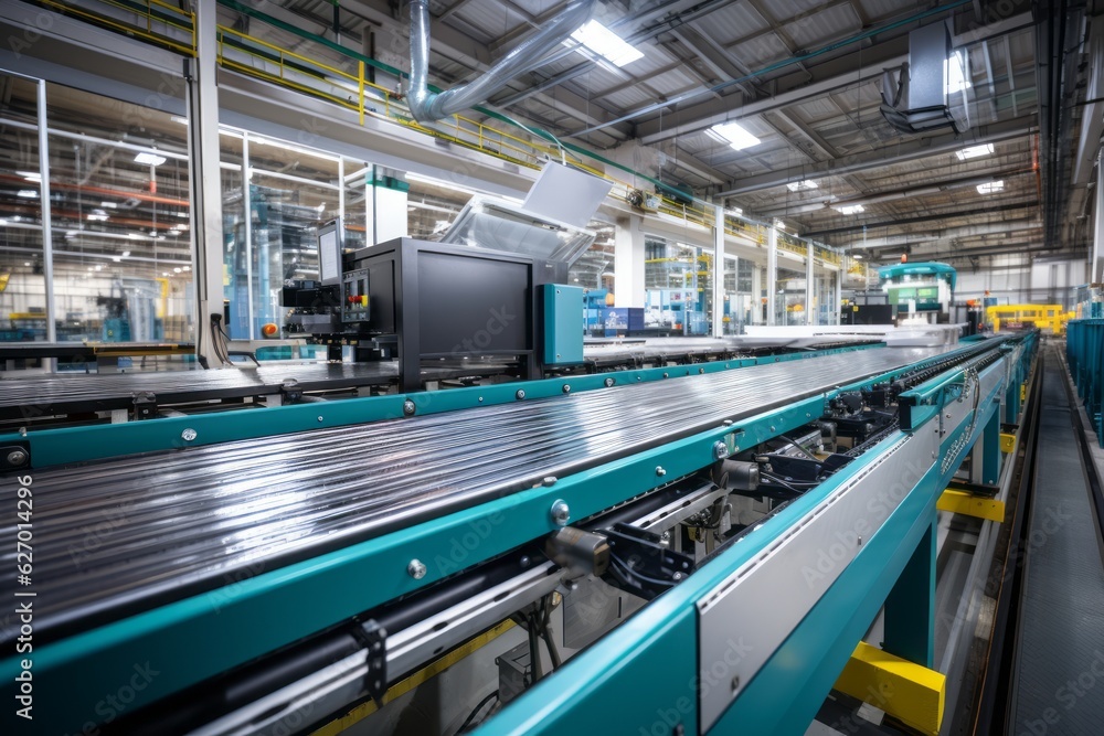 A high-speed conveyor belt showcasing the seamless production process in a modern manufacturing plant. Generative Ai A high-speed conveyor belt showcasing the seamless production process in a modern manufacturing plant. Generative Ai