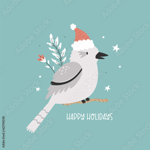 Christmas greeting card with funny kookaburra sitting in a Santa hat
