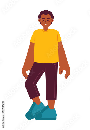 African american youngster standing semi flat color vector character. Black preteen boy smiling. Editable full body person on white. Simple cartoon spot illustration for web graphic design