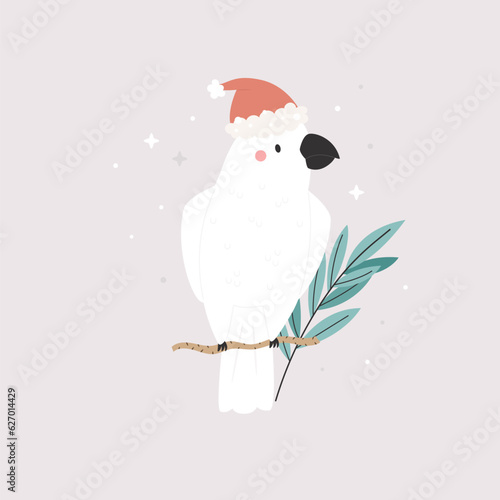 Christmas greeting card with funny cockatoo sitting in a Santa hat