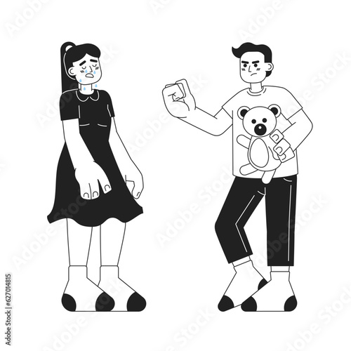 Young boy bullying little girl in tears monochromatic flat vector characters. Bully kid stealing bear toy. Editable thin line people on white. Simple bw cartoon spot image for web graphic design