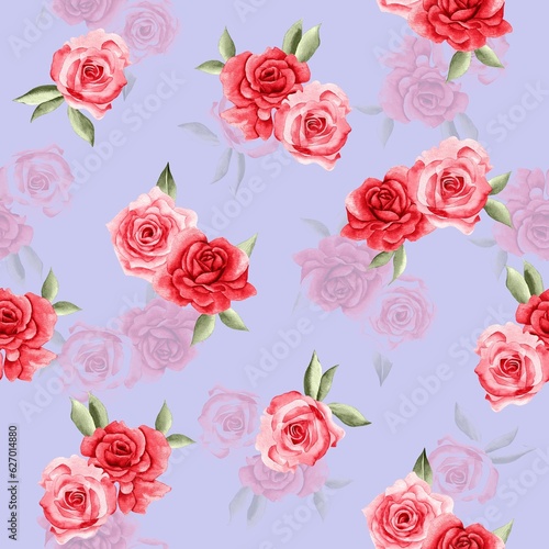 Watercolor flowers pattern, red tropical elements, green leaves, purple background, seamless