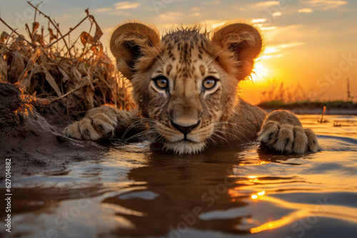 Tela A young lion cub in a muddy puddle at sunset