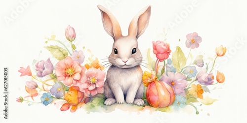 Hand-drawn Watercolor Card - Rabbit    Flowers - Festive Greetings - Playful Ensemble   Generative AI Digital Illustration