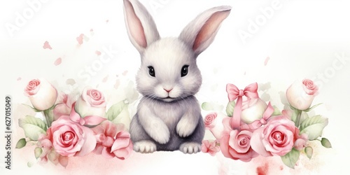 Watercolor Bunny Poster - Bunny with Roses on White Background - Animals Illustration   Generative AI Digital Illustration © Cool Patterns