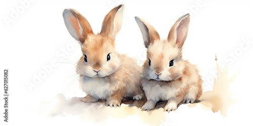 Two Little Bunnies - Isolated White Background - Watercolor Illustration - Cute Bunny Charm Generative AI Digital Illustration