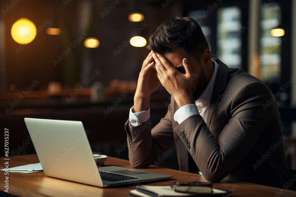 Frustrated businessman touching head looking at laptop screen sitting at desk. Overworking concept. High quality photo Frustrated businessman touching head looking at laptop screen sitting at desk. Overworking concept. High quality photo