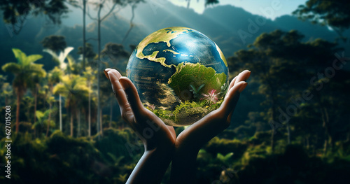 Celebrating Environment Earth Day with a symbolic representation of hands tenderly holding green earth against a soothing bokeh green background. Emphasizes the importance of saving the environment 
