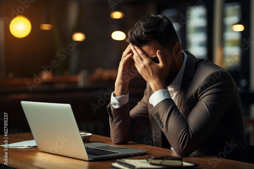 Frustrated businessman touching head looking at laptop screen sitting at desk. Overworking concept. High quality photo