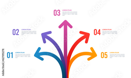 Infographic arrow crossroads 5 options. 5-direction arrow. Vector illustration.