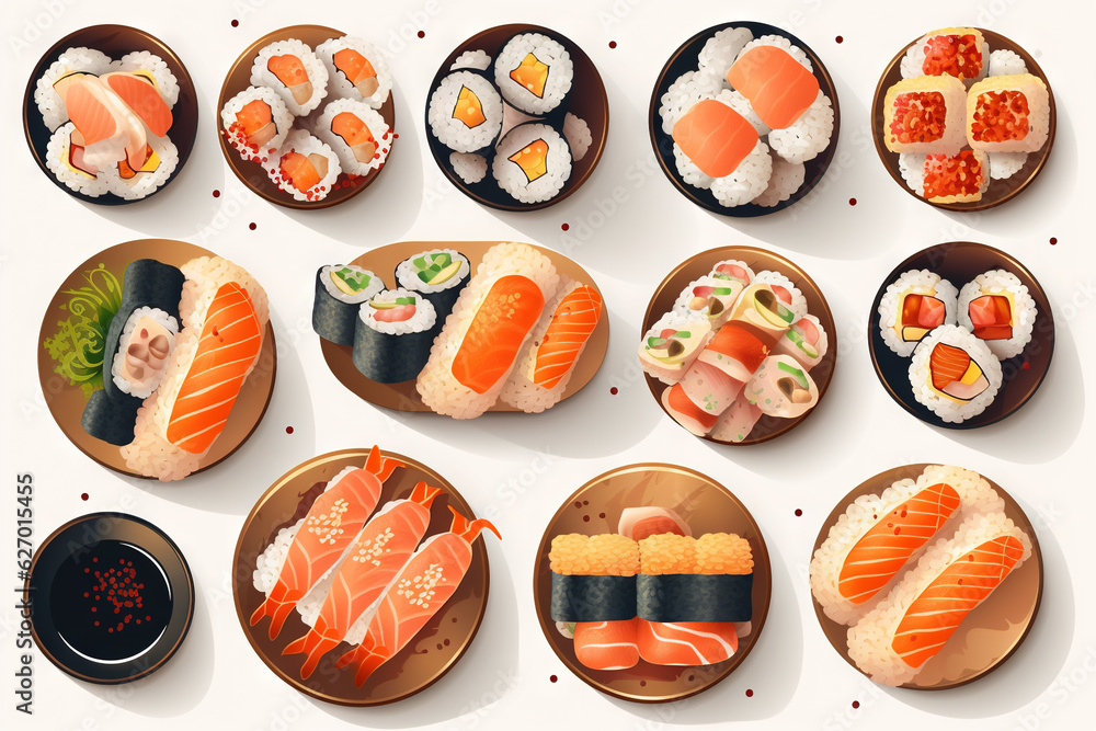 Sushi set. Collection of fast fool in asian style. Classic shushi and rice rolls. Generated AI. Sushi set. Collection of fast fool in asian style. Classic shushi and rice rolls. Generated AI.