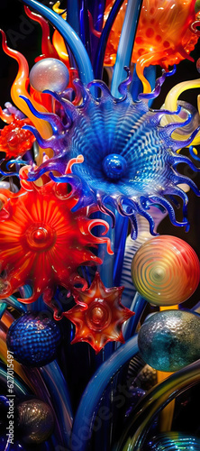 Colorful Glass Sculpture with Blue, Orange, and Red Flowers