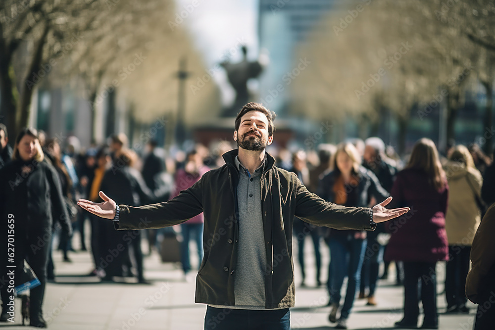 A person conducting stress-reduction exercises in a busy urban setting.