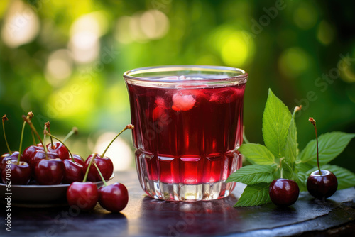 A glass cup of cold cherry compote on a background with green leaves