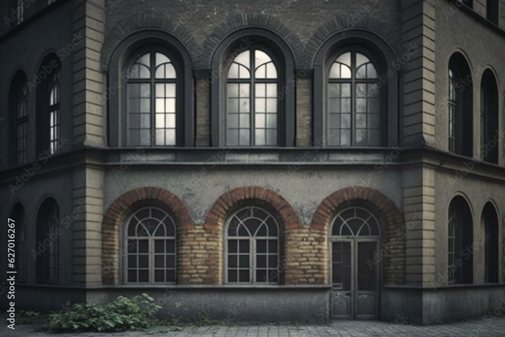 An old building has arched windows made of gray stone. Generative AI