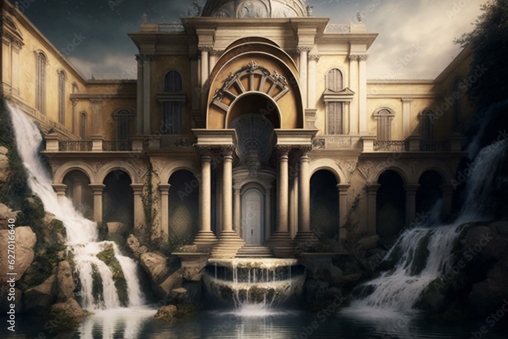A fusion of past and present; architectural paradise with cascading waters. Generative AI