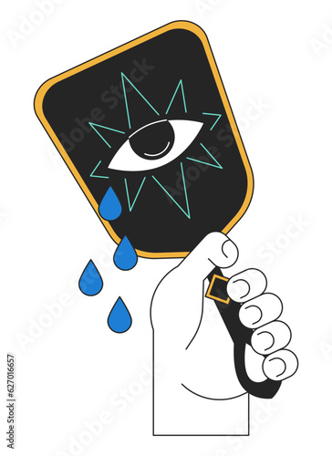 Holding esoteric mirror with magic eye flat line concept vector spot illustration. Fortune telling 2D cartoon outline hand on white for web UI design. mysticism editable isolated color hero image