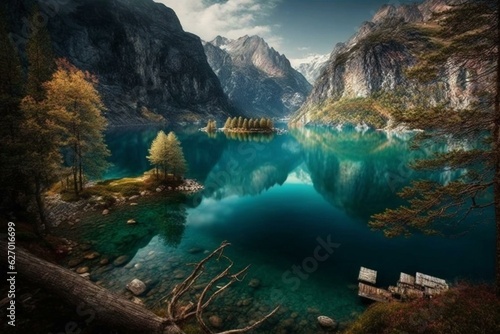 Breathtaking view of calm Lake Tenno in Trentino, Italy. Generative AI