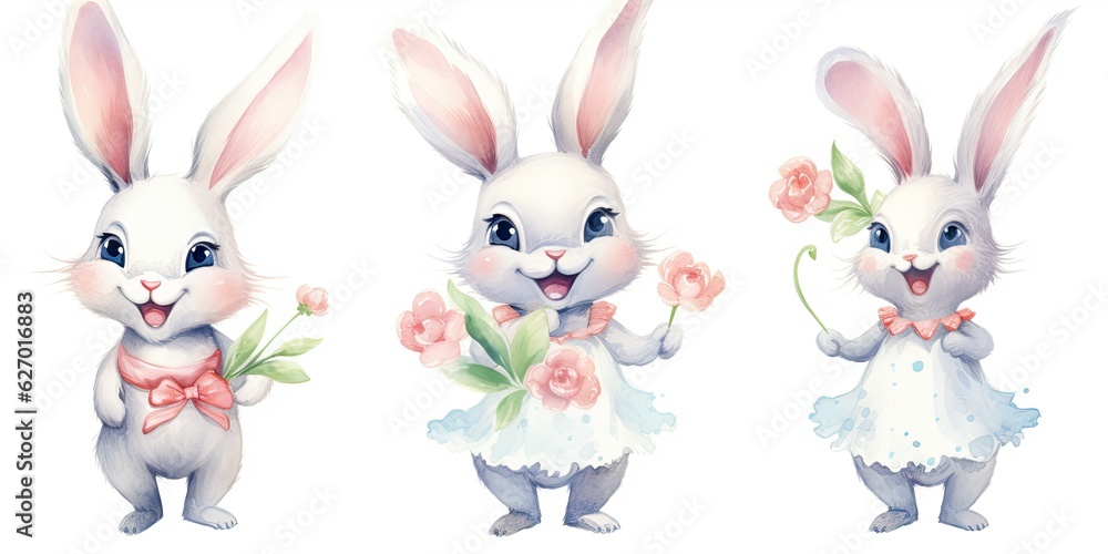 Watercolor Bunny Whimsical Watercolor Rabbit - Cute Cartoon Clipart - Isolated on White , cute bunny,s   Generative AI Digital Illustration