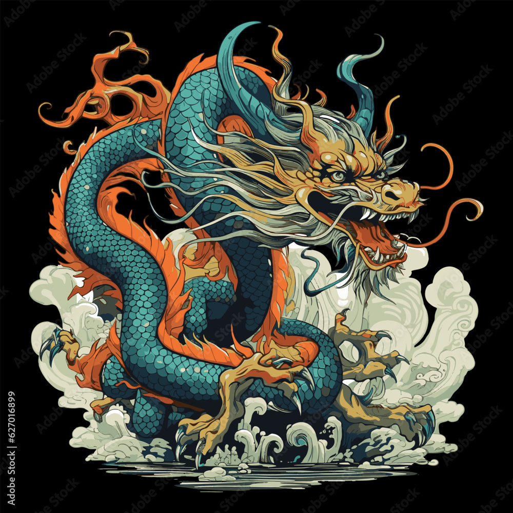 Chinese traditional mythical animal dragon vector illustration for t-shirt
