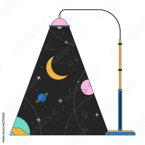 Lamppost light planets galaxy flat line concept vector spot illustration. Moon crescent stars streetlight city 2D cartoon outline scene on white for web UI design. Editable isolated color hero image
