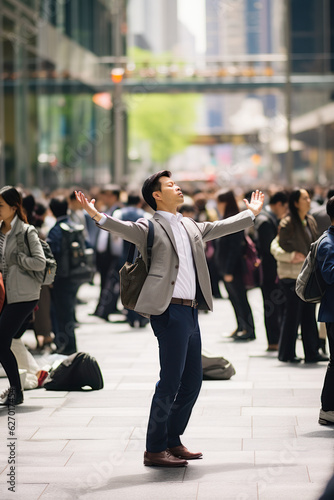 A person conducting stress-reduction exercises in a busy urban setting. 