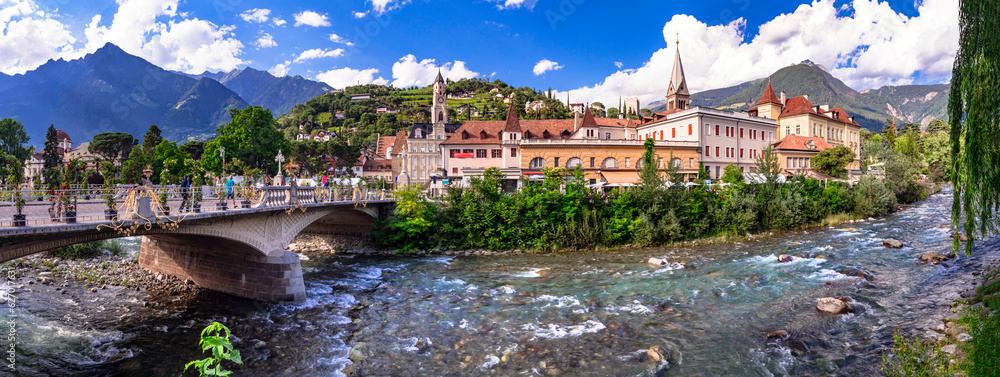 beautiful Merano town - popular town and spa resort in Italy in  South Tyrol, Bolzano province - obrazy, fototapety, plakaty 